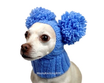 BLUE Dog Hat Double Pom Pom Winter Balaclava Hat, SMALL Dog Winter Hat Pom Pom Snood Hood, Chihuahua Hat Valentines Day Dog Costume Pet Gift