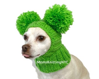 GREEN SMALL Dog Balaclava Hat Double Pom Pom Beanie Dog Winter Hat, Chihuahua Beanie Pet Hat Pom Pom, St Patrick's Day Dog Costume Gift