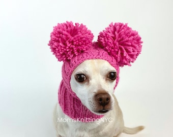Pink Small Dog Hat Snood Balaclava with Pom Poms, Pet Ear Warmer Winter Chihuahua Dog Pet Hat Halloween Mom Gift