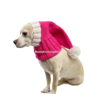 PINK Christmas Dog Stocking Hat, Balaclava Knit Pink Dog Hat, Christmas Dog Hat Santa Helper Costume, Chihuahua SMALL Dog Winter Hat PomPom