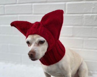 RED Bat Ears SMALL Dog Hat Winter Snood Hood, Alien Dog Hat Balaclava Ears Neck warmer, dog costume Valentines Day Hat Chihuahua Dog Gift