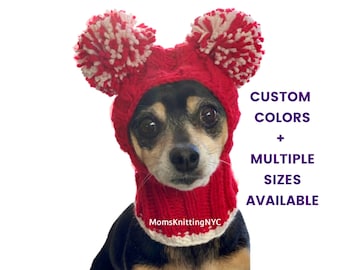 SMALL DOG Pom Pom Winter Hat Snood Hood, Chihuahua Beanie Hat Dachshund Bobble, TWO Pom Pom Dog Hat Mothers day dog Costume Gift Mom dad