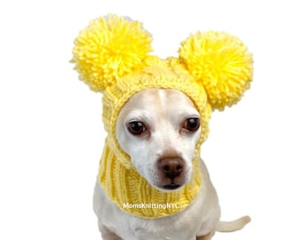 Small Dog Hat Pet Balaclava, Double Pom Pom Handknit Beanie