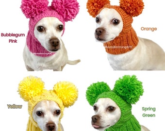 SMALL Dog Balaclava Pom Pom Winter Hat Snood Hood, Christmas Chihuahua Beanie Bobble Hat, TWO Pom Pom Dog Hat Valentines Day Costume Gift