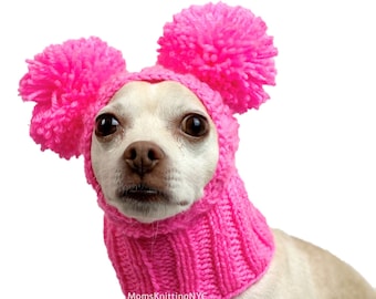 PINK Dog Hat Ear Neck Warmer SMALL Dog Pom Pom Winter Snood Hood, Chihuahua Beanie Valentines Day Dog Gift Costume Pet Mom Dad Gift