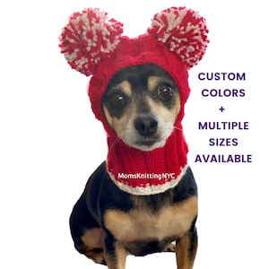 SMALL DOG Pom Pom Winter Hat Snood Hood, Chihuahua Beanie Hat Dachshund, TWO Color Pom Pom Dog Hat Christmas dog Gift Costume Valentine