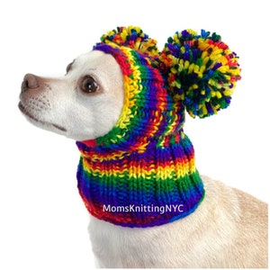 Rainbow Hat SMALL Dog Hat Two Pom Pom Winter Hat Snood Hood, Chihuahua Beanie Balaclava Dog Hat, Valentine Halloween Dog Costume Pet Gift