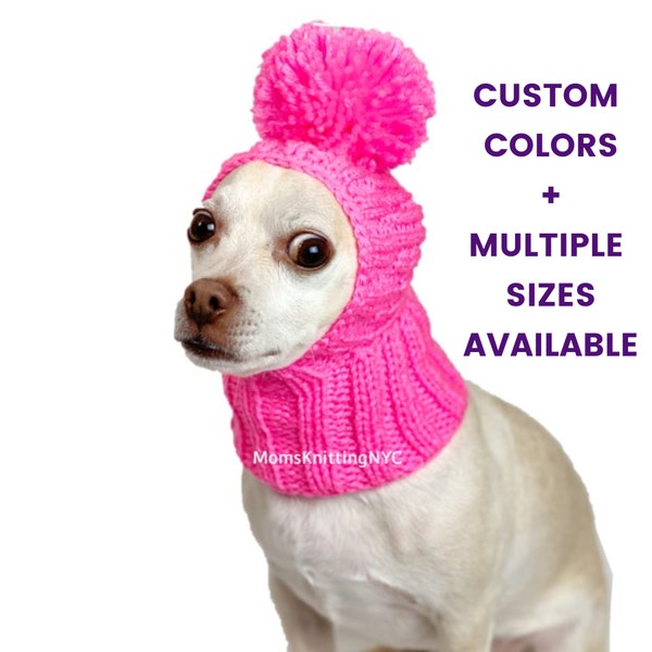 SMALL DOG Hat Beanie Pom Pom Snood Hood, Balaclava Knit Dog Hat Chihuahua Cavalier Spaniel, SMALL Dog Winter Hat Costume Mothers Day Gift