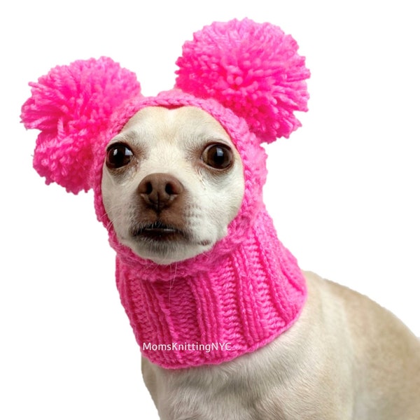 PINK Dog Hat Ear Neck Warmer SMALL Dog Pom Pom Winter Snood Hood, Chihuahua Beanie Valentines Day Dog Gift Costume Pet Mom Dad Gift