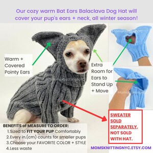 Bat Ears SMALL Dog Hat Winter Snood Hood, Green Alien Dog Balaclava Ear Neck warmer Dog Costume Hat Chihuahua Custom Dog Dad Mom Gift image 2