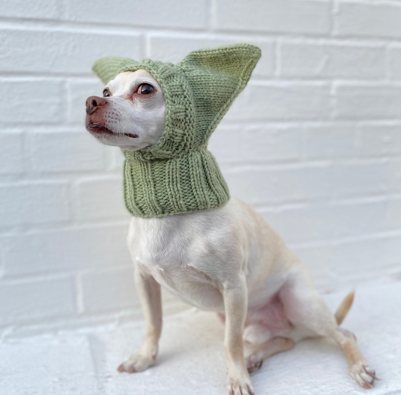 Bat Ears SMALL Dog Hat Winter Snood Hood, Green Alien Dog Balaclava Ear Neck warmer Dog Costume Hat Chihuahua Custom Dog Dad Mom Gift Frosty Green