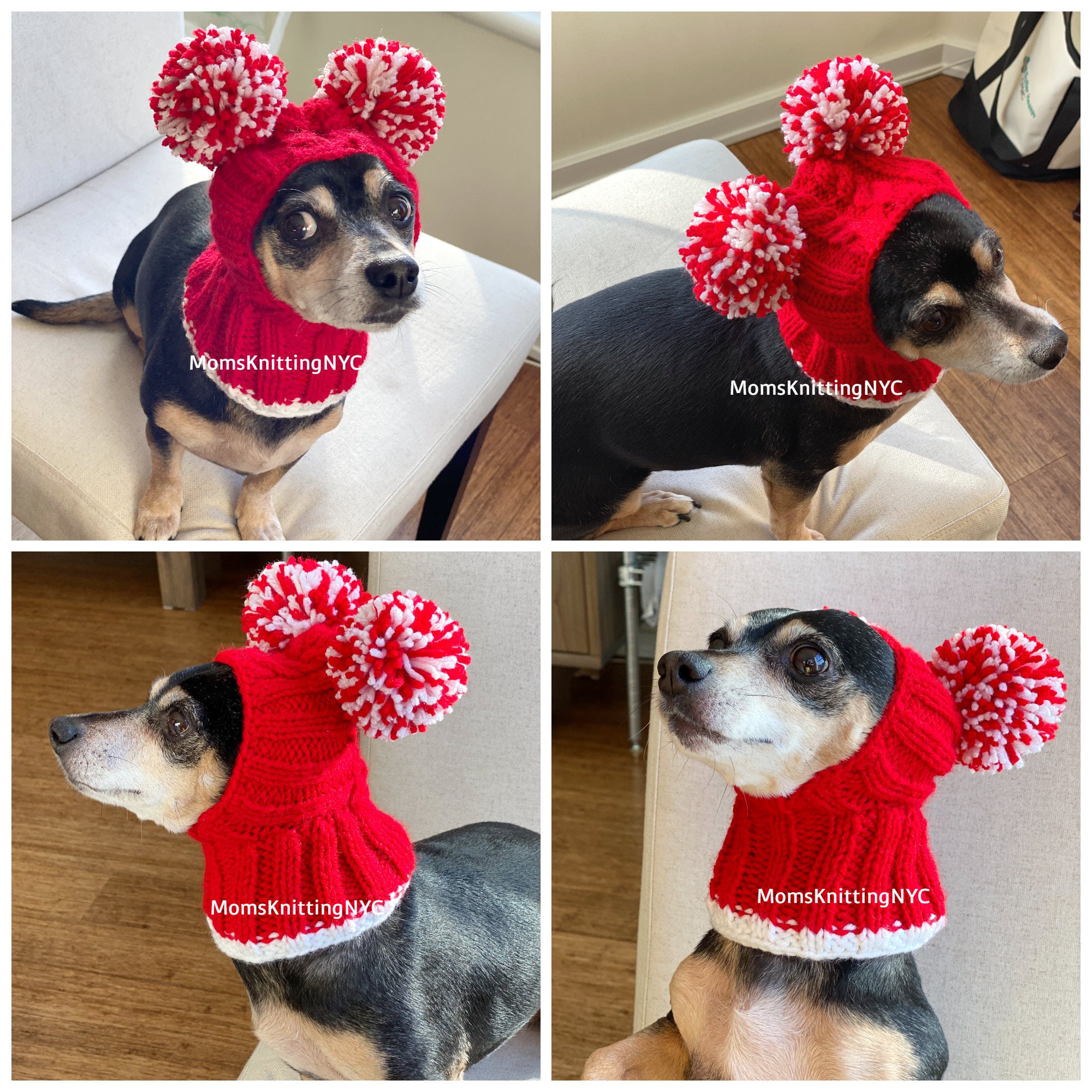 SMALL DOG Pom Pom Winter Hat Snood Hood, Chihuahua Beanie Hat