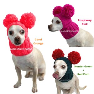 SMALL Dog Balaclava Pom Pom Winter Hat Snood Hood, Christmas Chihuahua Beanie Bobble Hat, TWO Pom Pom Dog Hat Valentines Day Costume Gift image 3