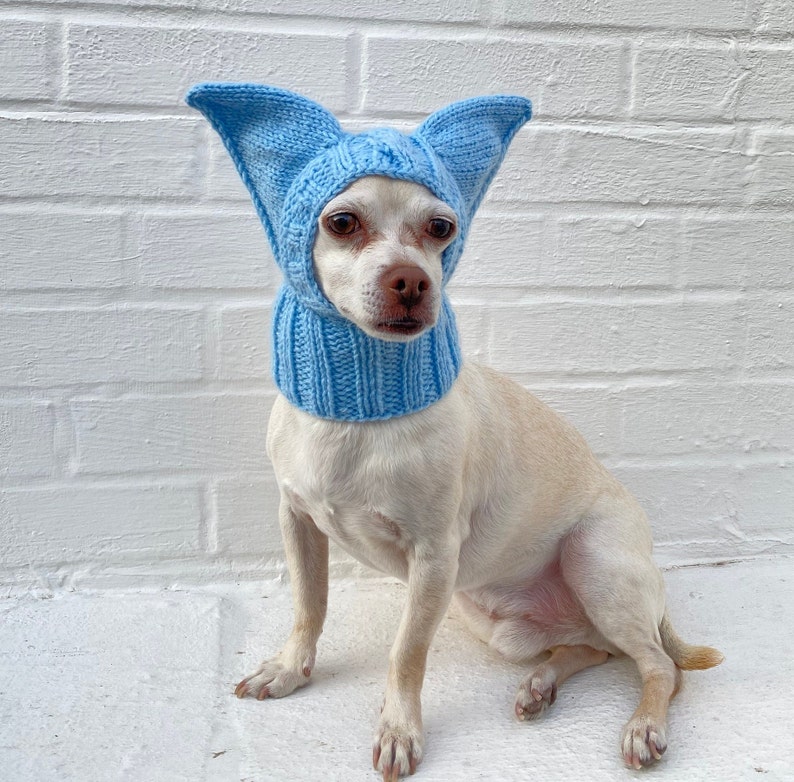 Bat Ears SMALL Dog Hat Winter Snood Hood, Green Alien Dog Balaclava Ear Neck warmer Dog Costume Hat Chihuahua Custom Dog Dad Mom Gift Pastel Blue