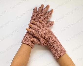 PINK Guantes de medio dedo MERINO WOOL Guantes de mujer, guantes de punto a mano para mujer Guantes sin dedos Country Rose Pink Guantes Dedos cortos Mensajes de texto Conducción