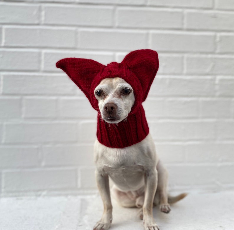 Bat Ears SMALL Dog Hat Winter Snood Hood, Green Alien Dog Balaclava Ear Neck warmer Dog Costume Hat Chihuahua Custom Dog Dad Mom Gift Red