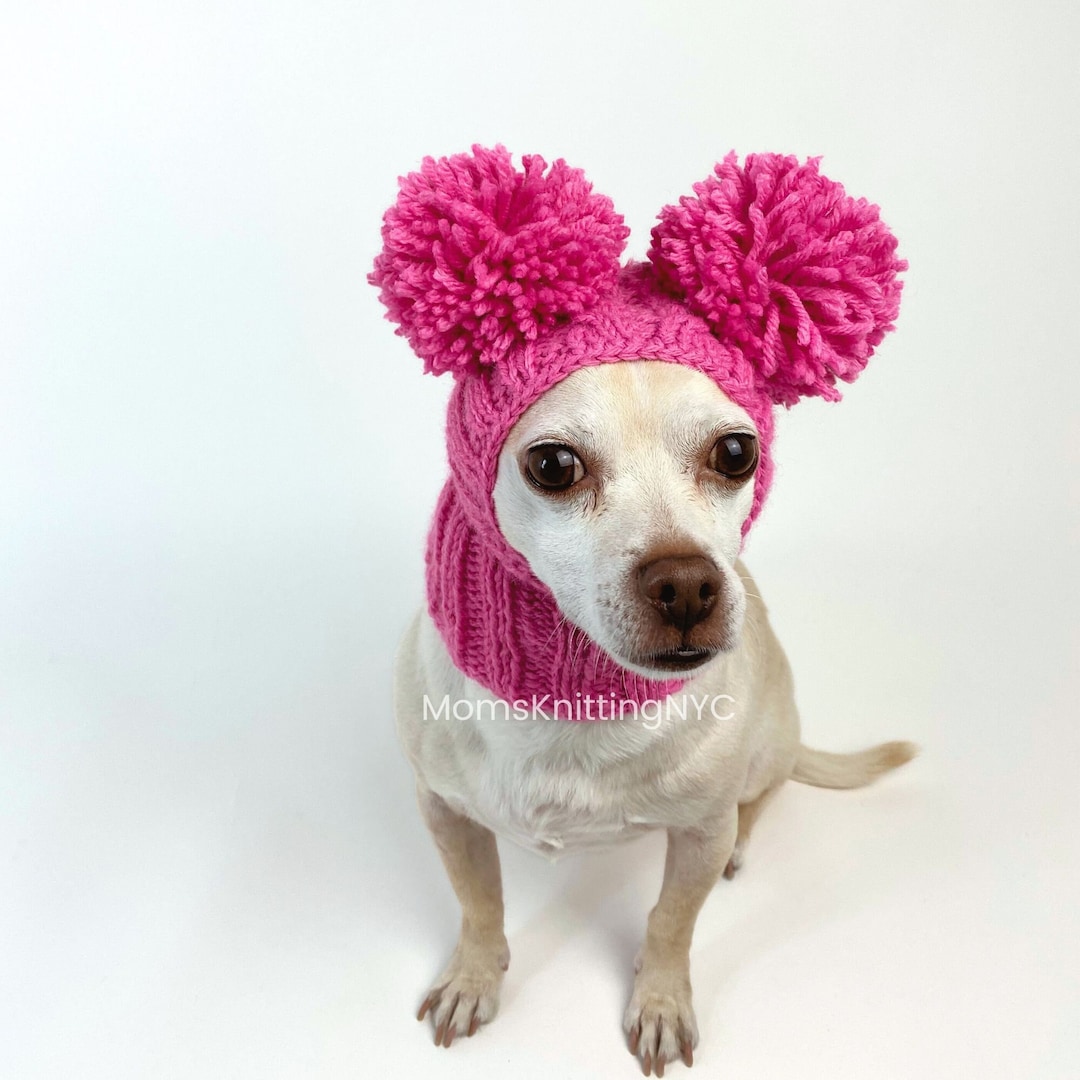 Pink Small Dog Hat Snood Balaclava With Pom Poms, Warm Winter