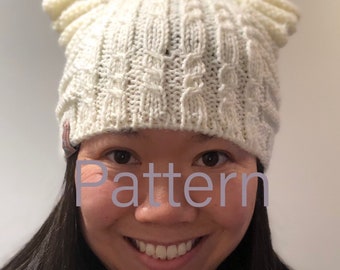 Cat Ear Beanie Knitting Pattern, Mock Cable Hat (PDF Pattern)