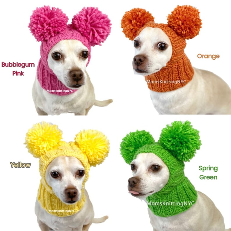 SMALL Dog Balaclava Pom Pom Winter Hat Snood Hood, Christmas Chihuahua Beanie Bobble Hat, TWO Pom Pom Dog Hat Valentines Day Costume Gift image 1