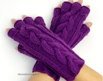 PURPLE Fingerless Gloves Womens Half Finger Hand Knit Wrist Warmers, Wool Free Arm warmers, Purple Hand Knit Cable Gloves Made to Order