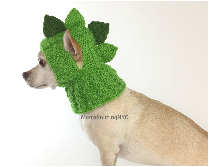 Op de afbeelding: Een kleine hond draagt een felgroen gebreid dinosaurus kostuum. Het kostuum heeft een capuchon met bladvormige details en een nekstuk. De hond staat tegen een witte achtergrond. De tekst "MomsKnittingNYC" is zichtbaar.