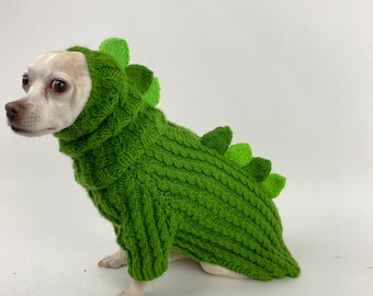 Dinosaur Dragon Dog Sweater Leash Hole Cable Ribbed mini dachshund Chihuahua sweater clothes, Hand Knit Winter Jumper Small Dog Custom Gift