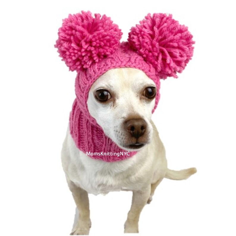 SMALL Dog Balaclava Pom Pom Winter Hat Snood Hood, Christmas Chihuahua Beanie Bobble Hat, TWO Pom Pom Dog Hat Valentines Day Costume Gift image 8