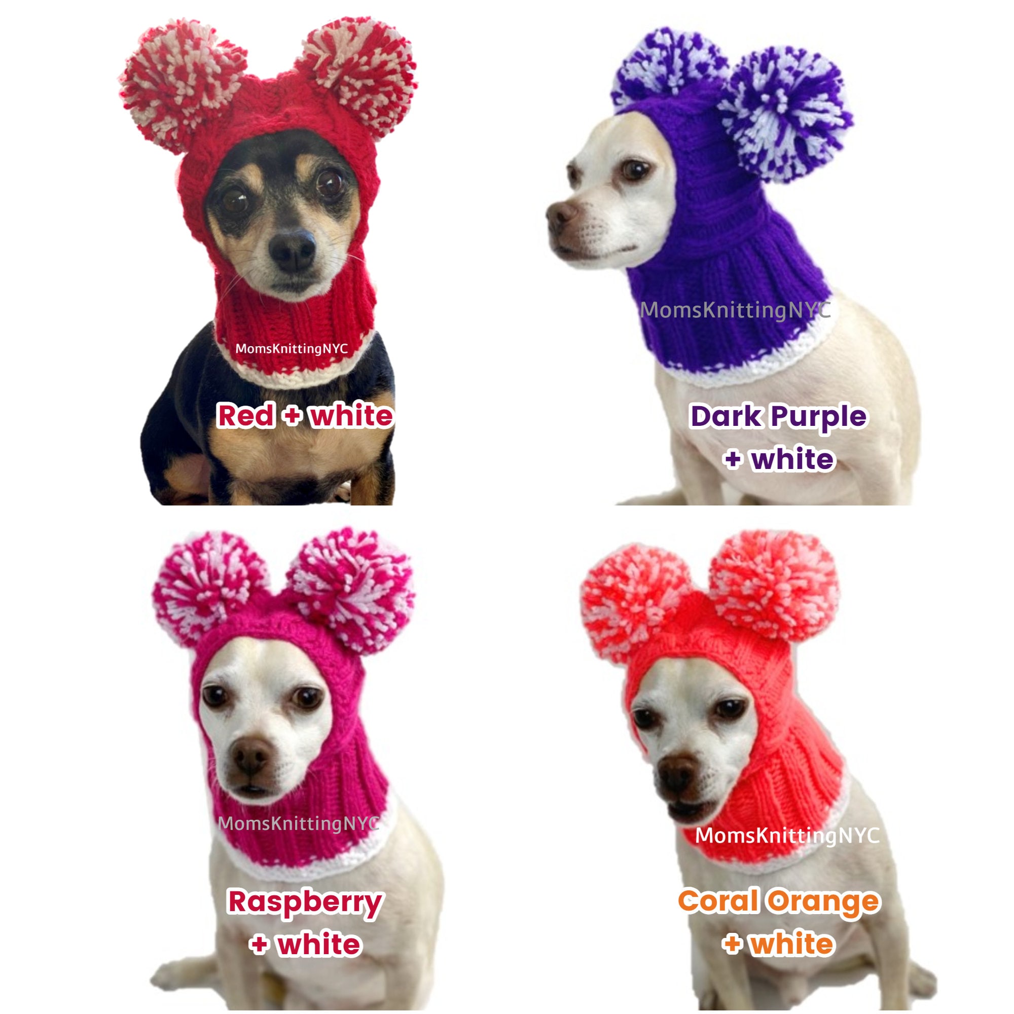 SMALL DOG Pom Pom Winter Hat Snood Hood, Chihuahua Beanie Hat