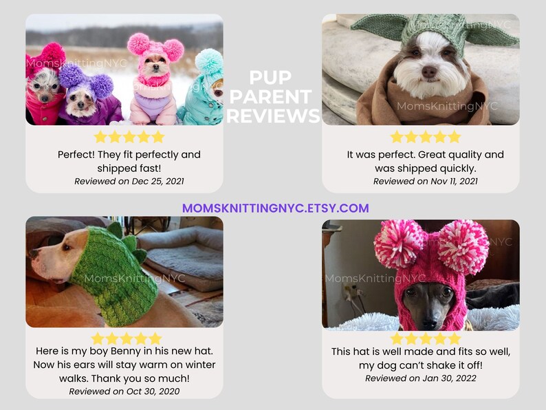 Op de afbeelding: Een collage van honden met gebreide mutsen en outfits. De mutsen omvatten roze pompons, een groen dinosaurusontwerp en een op Yoda ge&iuml;nspireerde muts. De tekst "MomsKnittingNYC.Etsy.com" is zichtbaar.