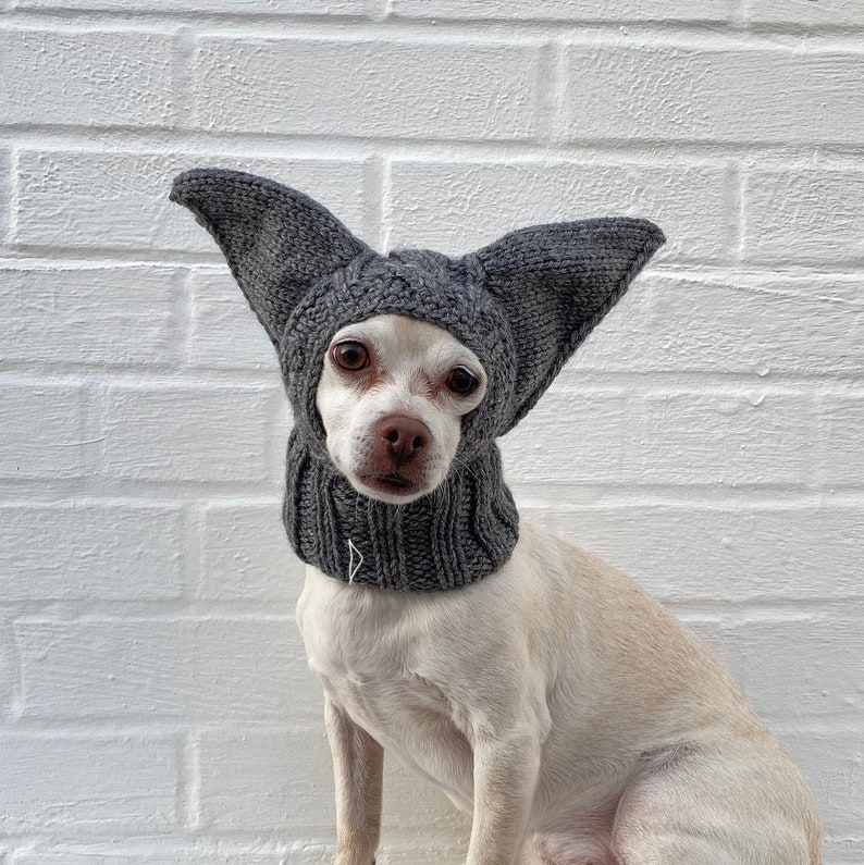 Bat Ears SMALL Dog Hat Winter Snood Hood, Green Alien Dog Balaclava Ear Neck warmer Dog Costume Hat Chihuahua Custom Dog Dad Mom Gift Oxford Gray