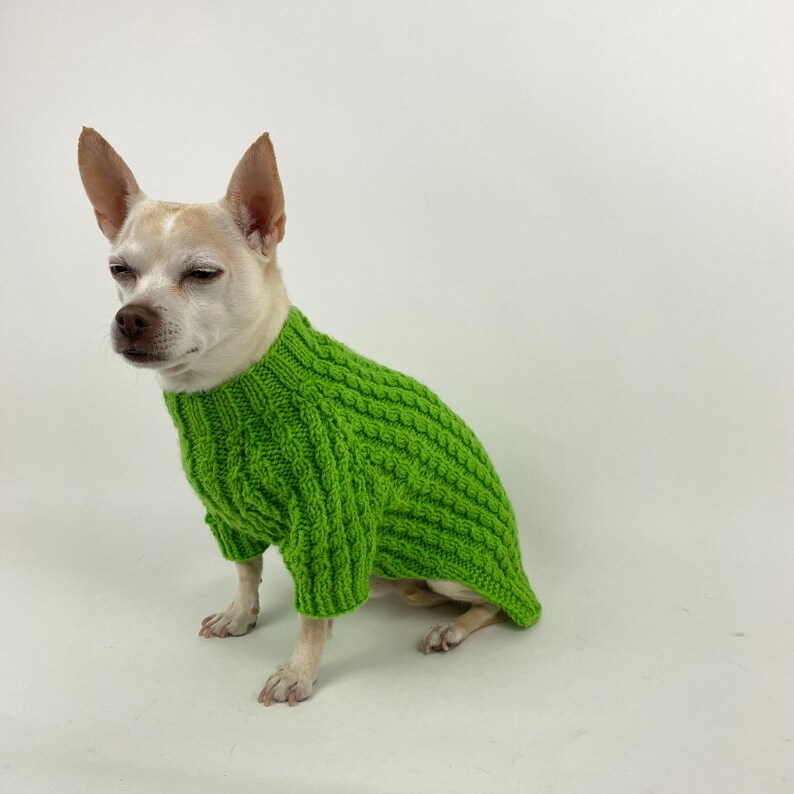 Hand Knit Small Dog Sweater Twist Cable Leash Opening Ribbed dachshund Chihuahua sweater clothes, Hand Knit Winter Jumper Dog Parent Gift spring Green Light