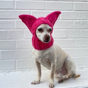 Bat Ears SMALL Dog Hat Winter Snood Hood, Green Alien Dog Balaclava Ear Neck warmer Dog Costume Hat Chihuahua Custom Dog Dad Mom Gift Raspberry Pink
