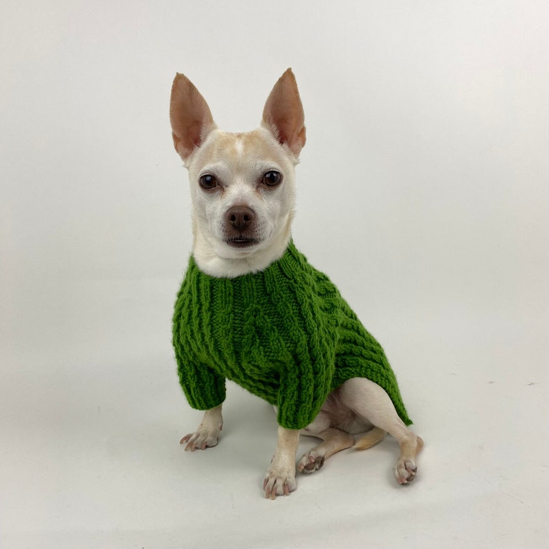 Hand Knit Small Dog Sweater Twist Cable Leash Opening Ribbed dachshund Chihuahua sweater clothes, Hand Knit Winter Jumper Dog Parent Gift DK Green