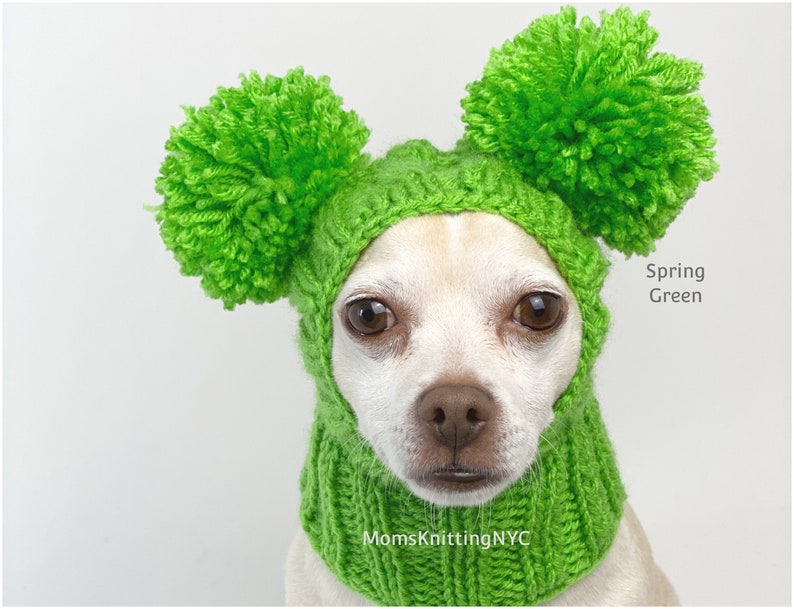 SMALL Dog Balaclava Pom Pom Winter Hat Snood Hood, Christmas Chihuahua Beanie Bobble Hat, TWO Pom Pom Dog Hat Valentines Day Costume Gift image 7
