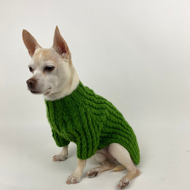 Hand Knit Small Dog Sweater Twist Cable Leash Opening Ribbed dachshund Chihuahua sweater clothes, Hand Knit Winter Jumper Dog Parent Gift image 4
