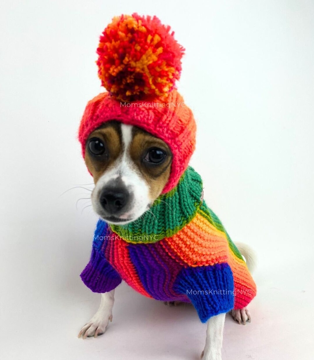 Rainbow Pompom Dog Snood, Warm Winter Hat Balaclava for Small Dogs