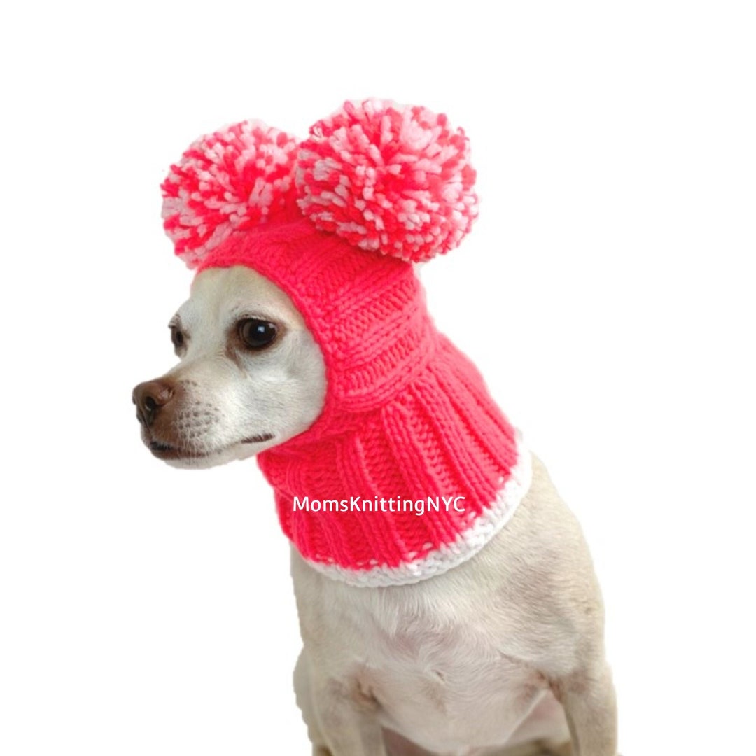 Orange SMALL Dog Balaclava Hat Pom Pom Winter Hat Snood Hood, Chihuahua