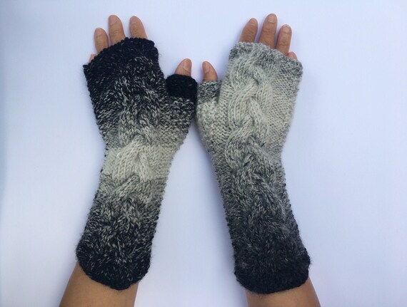 Cashmere Wool Fingerless Gloves Half Finger Arm Warmer Grey Gray Elbow Long