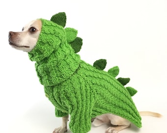 Dinosaur Dragon Dog Sweater Leash Hole Cable Ribbed mini dachshund Chihuahua sweater clothes, Handknit Winter Jumper Small Dog Costume Gift