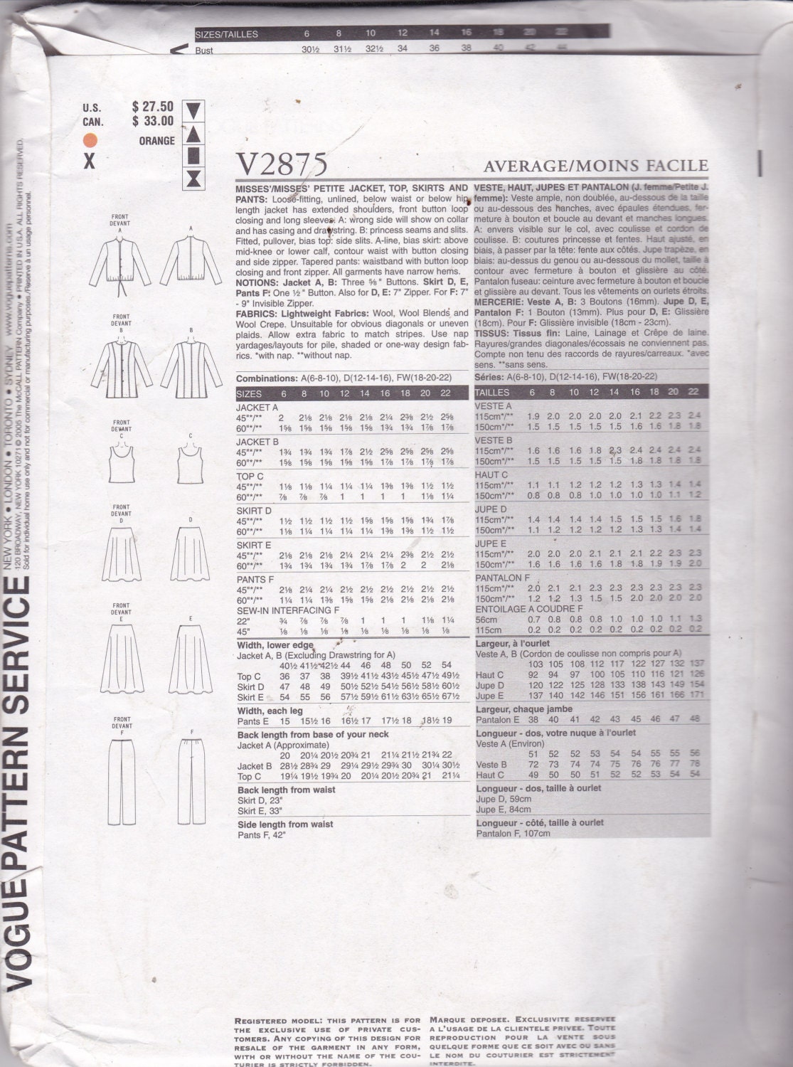 Vogue 2875 ADRI Vintage Pattern Womens Jacket Top Pants - Etsy UK