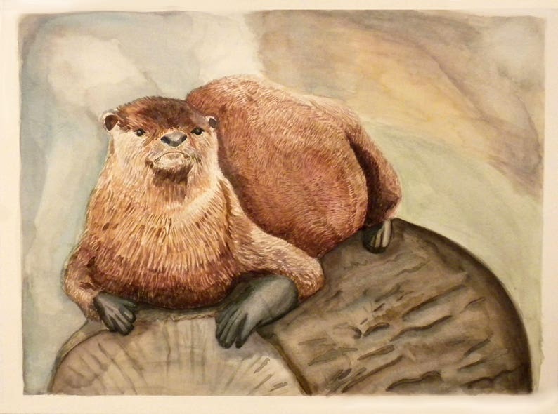 May include: A watercolour painting of a brown otter resting on a rock. The otter has a furry brown coat and a long, slender body. The rock is grey and textured.
