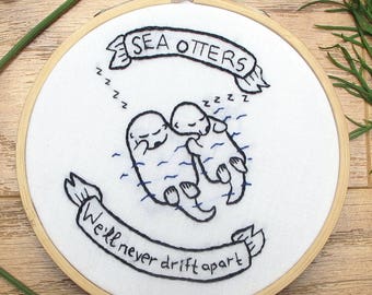 A Hand Embroidered Otter Gift the perfect Leaving Gift, Best Friend Gift or Valentines Day Gift for Him or for Her. Otters Holding Hands!