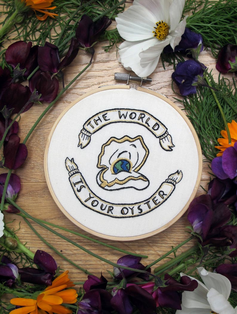 The World is Your Oyster-A Hand Embroidery Graduation gift, New Job gift or Travellers gift. A perfect Adventure is Out There Good Luck Gift image 4