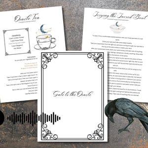 May include: Three white pages with text and illustrations. One page is titled "Oracle Tea" and features a teacup with a crescent moon. Another page is titled "Terying the Sacred Bowl". A black raven figurine is at the bottom.
