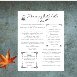 Removing Obstacles Spell Sheet, Printable Digital Download, Book of Shadows, PDF, Road Opener, Banishing Spell