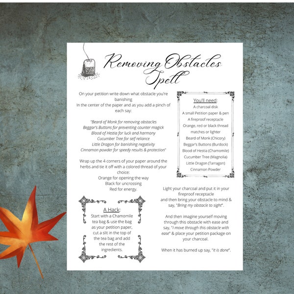 Removing Obstacles Spell Sheet, Printable Digital Download, Book of Shadows, PDF, Road Opener, Banishing Spell