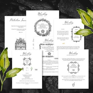 May include: A collection of white paper pages with black text and decorative borders, featuring the word "Warding" and instructions. The pages are arranged on a dark, textured surface, with watercolor green leaves in the corners.