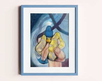 Ball Python in a Hat Watercolor Print, Snake Art (8x10)