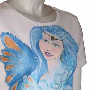 Handpainted clothing,ooak, wearable, original, fairy fantasy art &quot;the blue  butterfly dreamer&quot; size medium, short sleeve scoop neck knit top
