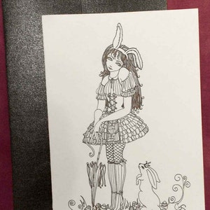 cartão de arte em branco da ilustração original de caneta e tinta "Honey Bunny" por gayllynn smiley
